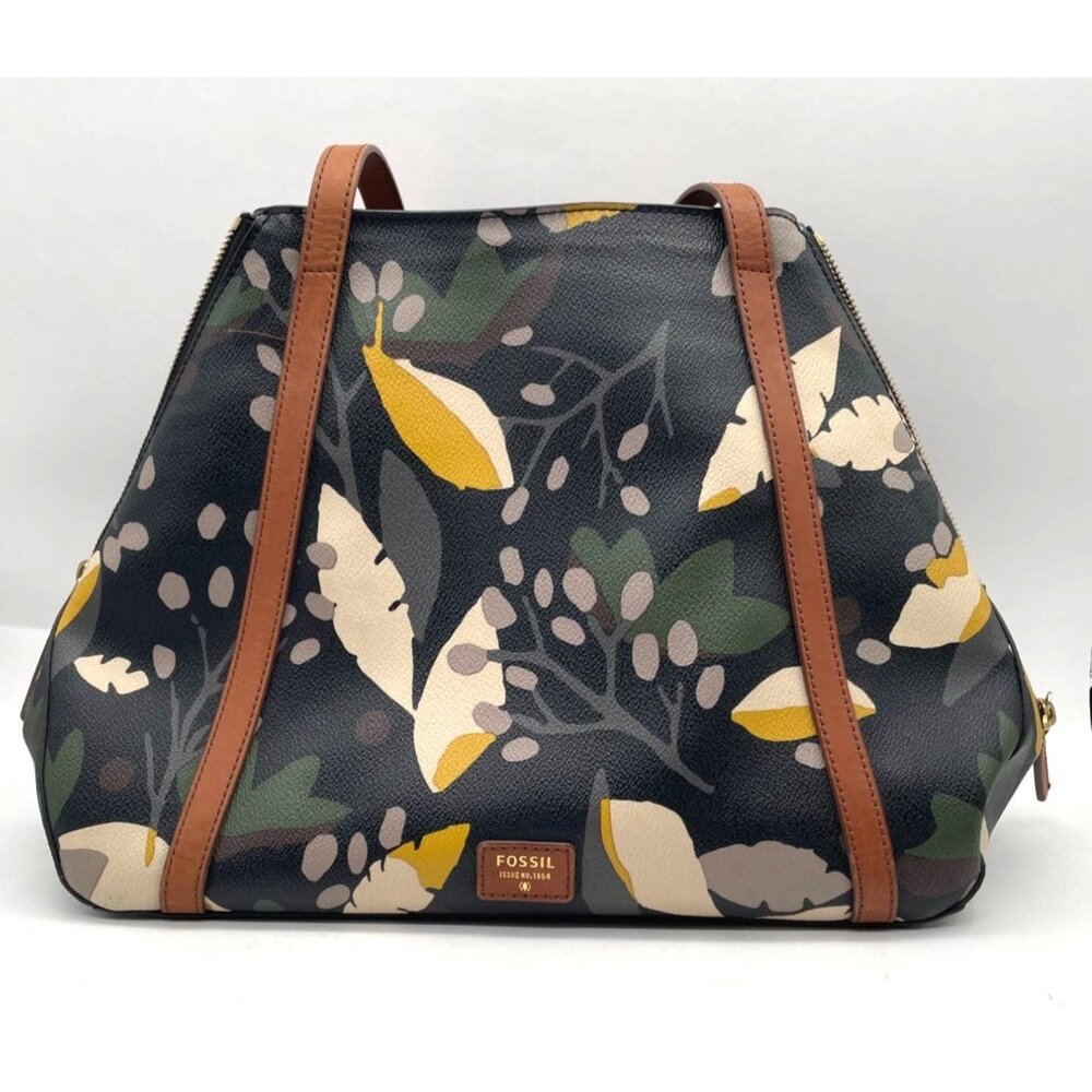 Vtg. Fossil Vinyl Leather Large Floral Rachel Tote Shoulder Bag w Matching Makeu